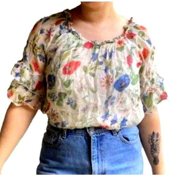 Bellambra Tops - Pansy 100% SILK Size Large TOP Made in Italy Floral Elbow Sleeve Lined Blouse